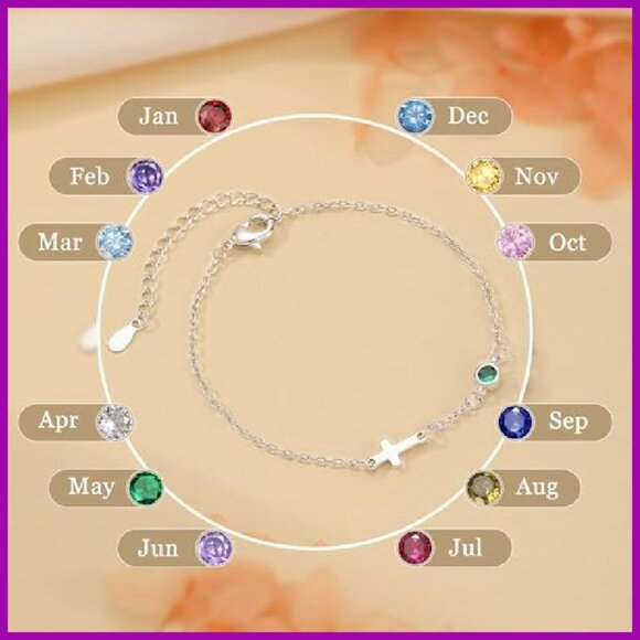 Adjustable Cross Birthstone Bracelet 14k Gold Plated Stainless Steel Link Chain - Picture 8 of 8